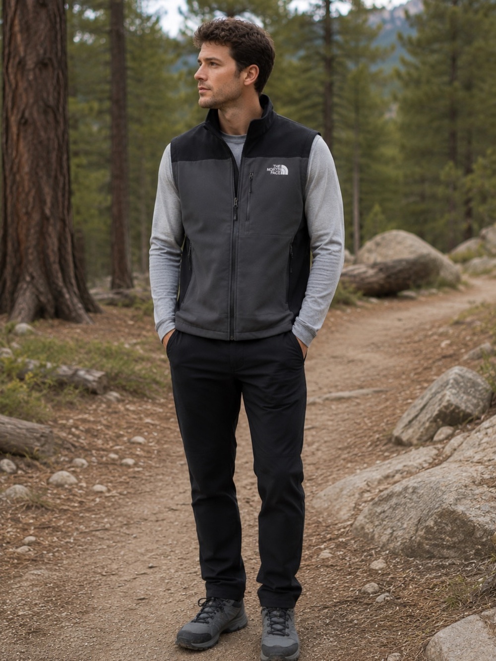 The North Face grey and black full zip vest men’s small